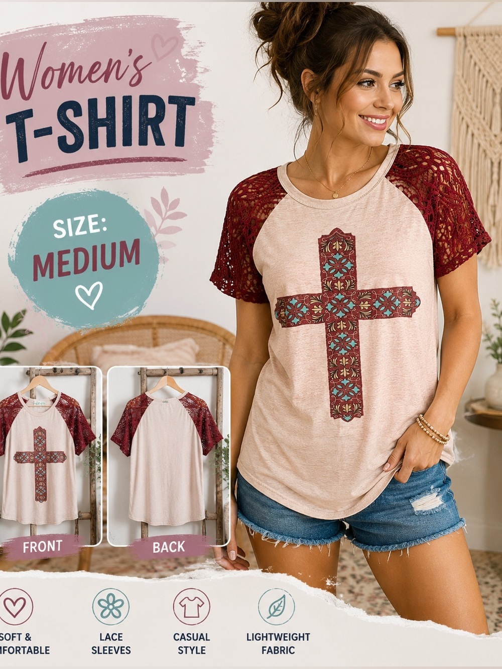 Southern Grace Lace-Sleeve Cross Graphic T-Shirt - Blush and Burgundy MEDIUM